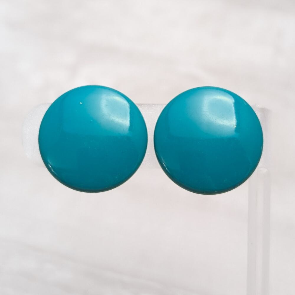 Vintage Clip On Earrings 1" Turquoise-ish Teal-ish Button Style Circle Retro